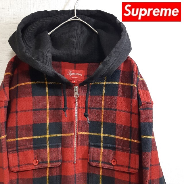 Supreme 長袖パーカー フード付き ネルシャツ チェック ハーフジップ M