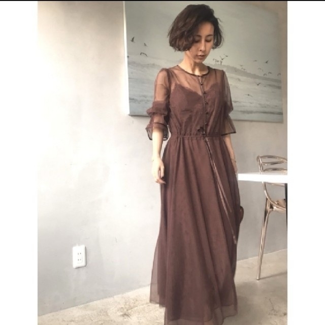 Ameri VINTAGE(アメリヴィンテージ)のAmeri TULLE SEE-THROUGH DRESS ブラウン　ワンピース レディースのフォーマル/ドレス(ロングドレス)の商品写真