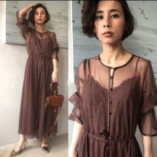 アメリヴィンテージ(Ameri VINTAGE)のAmeri TULLE SEE-THROUGH DRESS ブラウン　ワンピース(ロングドレス)