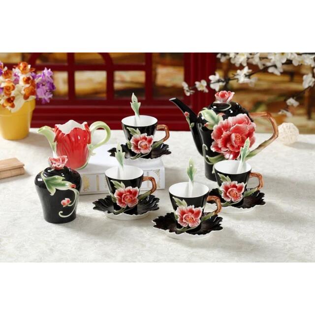 花柄ティーカップ セット 陶器 高級感 カップ＆ソーサー 4客コーヒーカップ 1