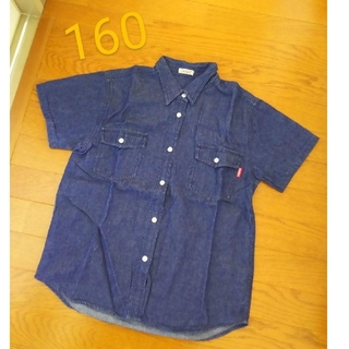 160 子供服 半袖シャツ ダンガリー シャツ コットンシャツ ネイビー(シャツ/ブラウス(半袖/袖なし))