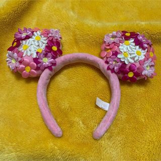 ミニー　ディズニー　お花　カチューシャ　ピンク　フラワー　刺繍　黄色　イエロー