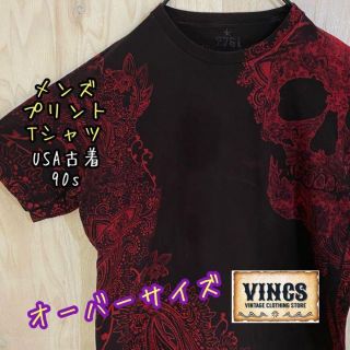 ドクロ プリント Tシャツ 半袖 USA古着 90s レッド ブラック インナー(Tシャツ/カットソー(半袖/袖なし))