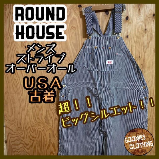 ラウンドハウス ストライプ オーバーオール デニム パンツ USA古着 90s メンズのパンツ(サロペット/オーバーオール)の商品写真