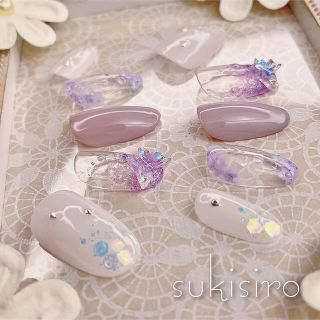 【現品1点限り】♡No.11♡『水滴あじさい蝶々ネイルチップ』 ハンドメイドのアクセサリー(ネイルチップ)の商品写真