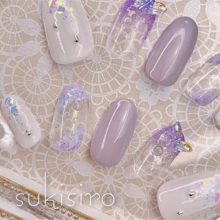 【現品1点限り】♡No.11♡『水滴あじさい蝶々ネイルチップ』 ハンドメイドのアクセサリー(ネイルチップ)の商品写真