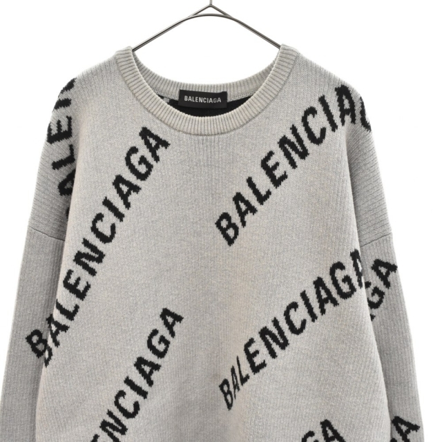 BALENCIAGA バレンシアガ 総柄ロゴジャガード クルーネックニットセーター グレー 576307 T3153