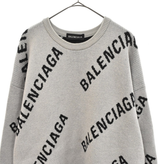 Balenciaga(バレンシアガ)のBALENCIAGA バレンシアガ 総柄ロゴジャガード クルーネックニットセーター グレー 576307 T3153 メンズのトップス(ニット/セーター)の商品写真