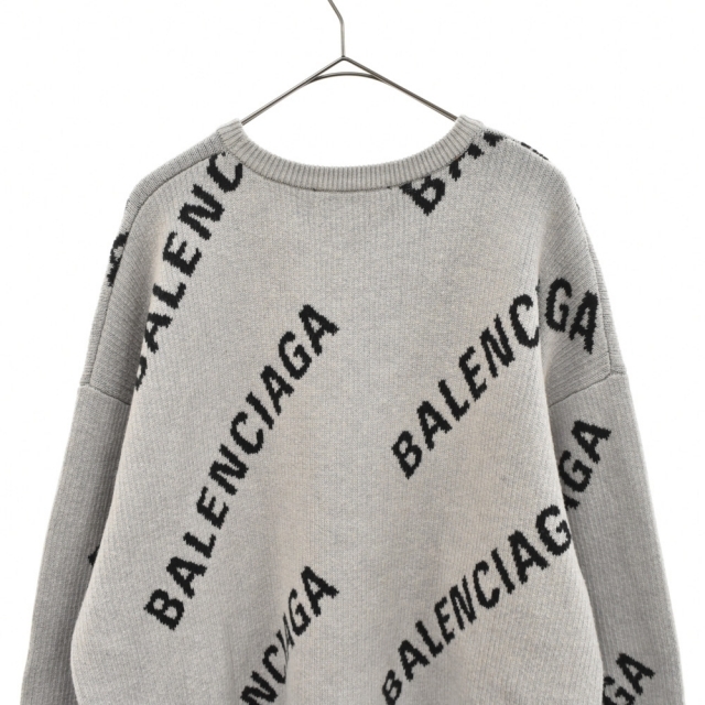 BALENCIAGA バレンシアガ 総柄ロゴジャガード クルーネックニットセーター グレー 576307 T3153