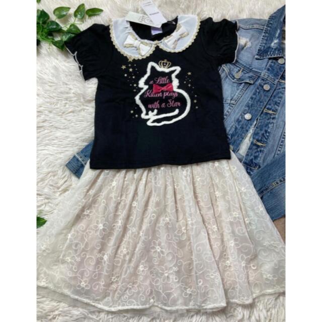 axes femme(アクシーズファム)のアクシーズファムkids★新品★ビジューたっぷり浮き猫ちゃんトップス★襟リボン キッズ/ベビー/マタニティのキッズ服女の子用(90cm~)(Tシャツ/カットソー)の商品写真