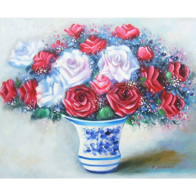 絵画 油絵 作者不詳 肉筆油絵 静物画 薔薇の花と花瓶 F10
