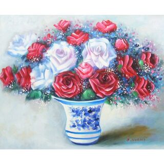 絵画 油絵 作者不詳 肉筆油絵 静物画 薔薇の花と花瓶 F10 - 絵画