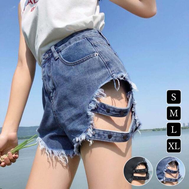 3年保証 即日出荷 スタッズベルトデニムハイウエストショートパンツ✩ブルーダメージジーンズレディース - 通販 - tvitajai.com.br