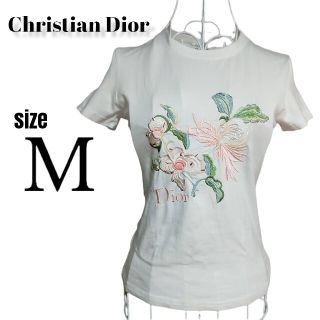 クリスチャンディオール(Christian Dior)のクリスチャンディオール　花柄ロゴ入りTシャツ　刺繍　ホワイト　40/Mサイズ(Tシャツ(半袖/袖なし))