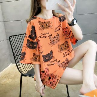 オーバーサイズ柄Tシャツ【猫柄・オレンジ】(Tシャツ(半袖/袖なし))