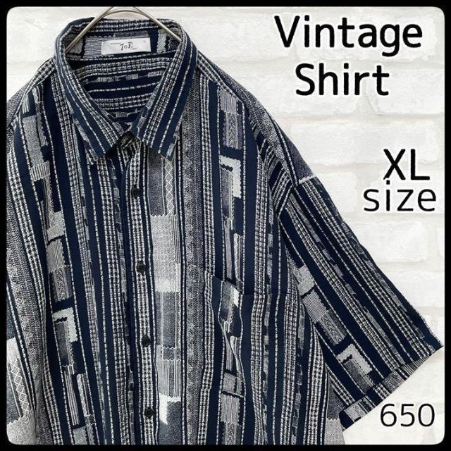 【日本製】 【レトロ】ヴィンテージ 総柄 XL ビッグサイズ ダーク系 ポリシャツ 半袖 シャツ