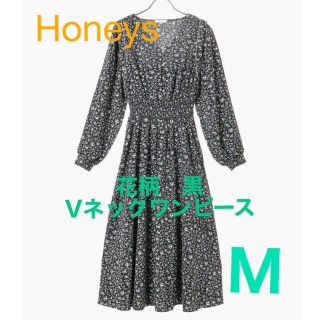 ハニーズ(HONEYS)のHoneys Ｖネックワンピース  花柄　黒　長袖　M 上品フェミニンシルエット(ロングワンピース/マキシワンピース)