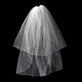 フリルパールウエディングベールシンプル結婚式くし櫛付きホワイト白ミドル丈(ウェディングドレス)