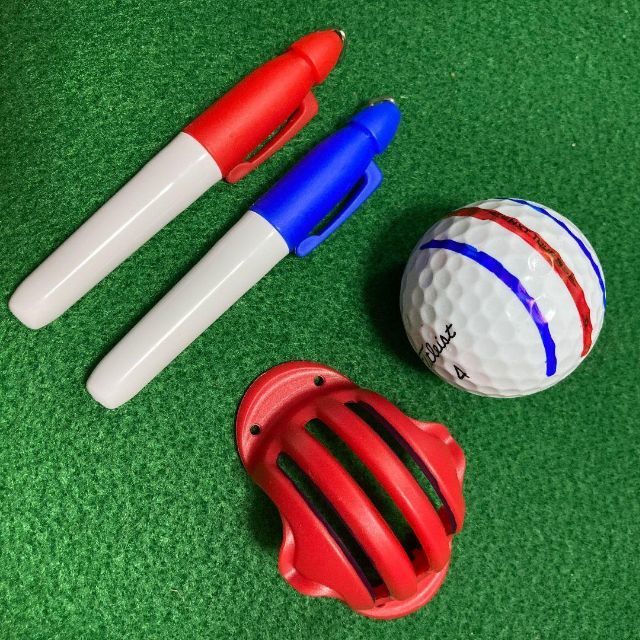 青色　ゴルフボール　ラインマーカー　3本線　赤　青　2本ペンセット　パッティング