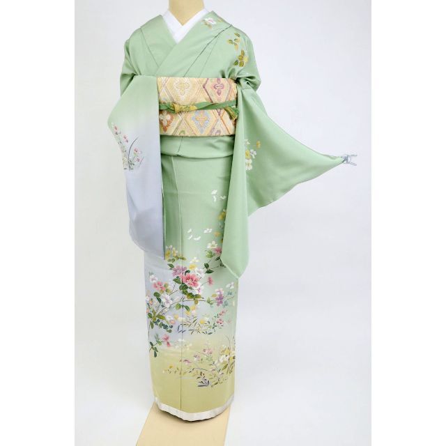 超安い 《仮絵羽*訪問着◇加賀調*優美な花□淡いグリーン◇袷正絹着物