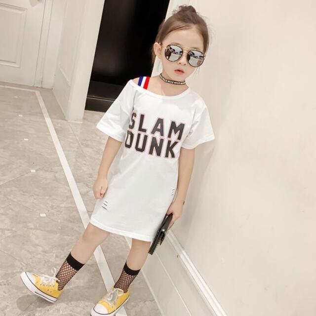 KWDA004キッズ Tシャツワンピース ロング 夏 半袖 プリント 子供服 キッズ/ベビー/マタニティのキッズ服女の子用(90cm~)(ワンピース)の商品写真