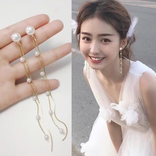 スナイデル(SNIDEL)の【No.014】　パールチェーンロングピアス　可愛い　韓国　結婚式　二次会(ピアス)