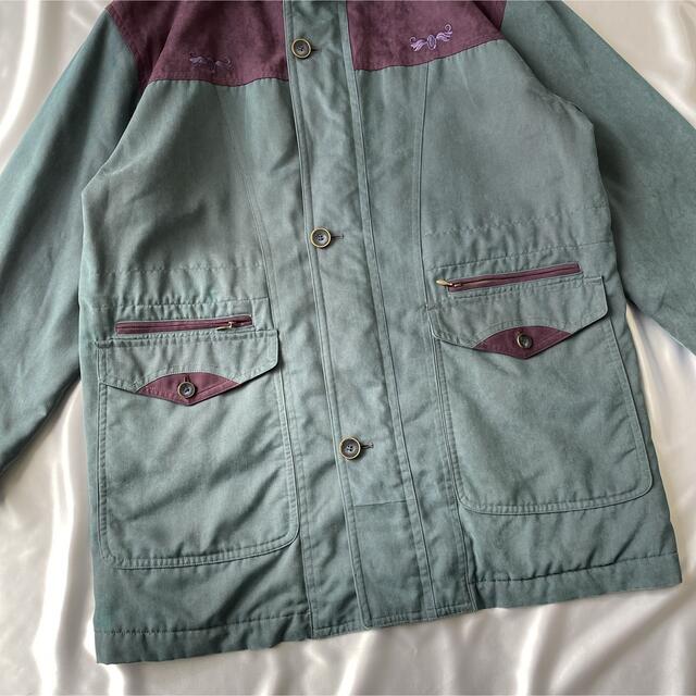 ショッピング 古着　ビンテージ　デザインコート　ペイズリー柄　切り替え　刺繍　緑　個性的　中綿 ステンカラーコート