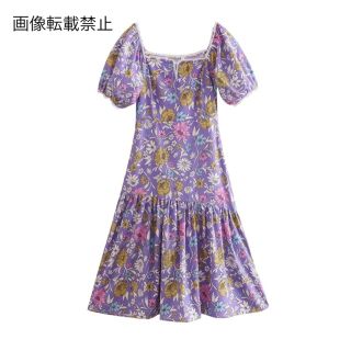🌿5月新作🎏7910◆purple パープル レトロ 花柄 ワンピース(ひざ丈ワンピース)