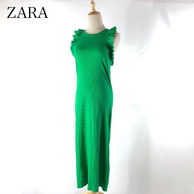 ZARA(ザラ)の2専用　ZARA リブニット ワンピース ロング グリーン ノースリーブ フリル レディースのワンピース(ロングワンピース/マキシワンピース)の商品写真