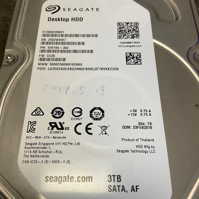 内蔵3TB HDD SEAGATE ST3000DM001 7200rpm スマホ/家電/カメラのPC/タブレット(PCパーツ)の商品写真