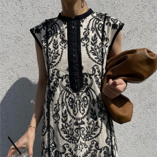 【AMERI】DAMASK EMBROIDERY LINEN DRESS