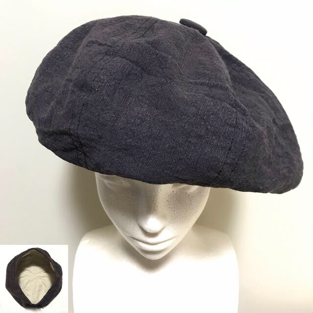灰黒色 リネン コットン ベレー帽 ハンドメイド サイズ調節