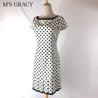 エムズグレイシー(M'S GRACY)の♪美品♪ M'S GRACY ドットワンピース 日本製 白黒(ひざ丈ワンピース)