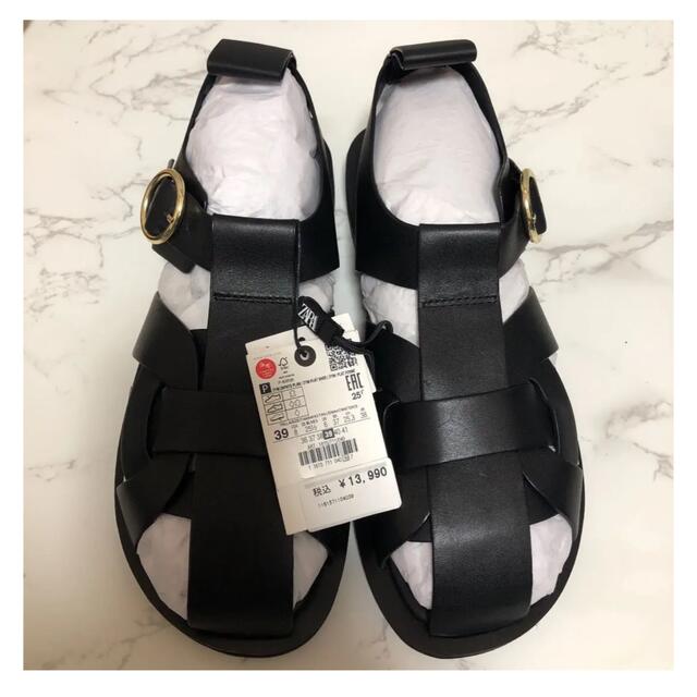 ZARA レザーフラットケージサンダル 39 ブラック ZARA レザーフラットケージサンダル 39 ブラック