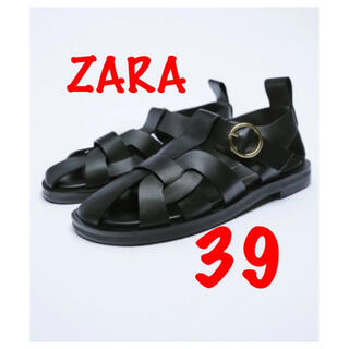 ザラ(ZARA)のZARA　レザーフラットケージサンダル　39   ブラック(サンダル)