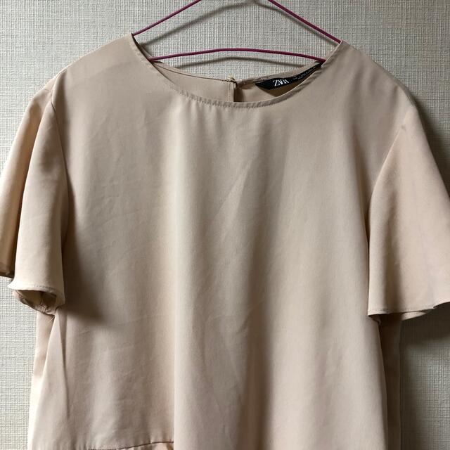 ZARA(ザラ)のZARA 半袖　シャツ　ベビーピンク　ベージュ　プリーツ　 L レディースのトップス(Tシャツ(半袖/袖なし))の商品写真