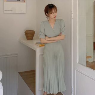 ロングワンピース 半袖 夏 レディース スカート 緑 韓国　レトロvq