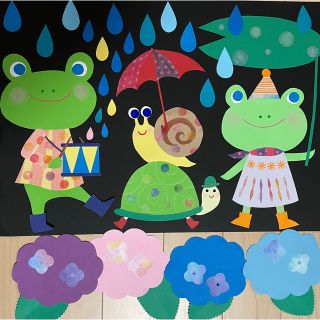 壁面飾り　壁面　6月 梅雨　幼稚園　保育園　カエル　カタツムリ　あじさい(型紙/パターン)