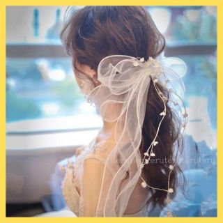 ヘアアクセサリー ブライダル ウェディング リボン　結婚式　発表会　ホワイト(ウェディングドレス)