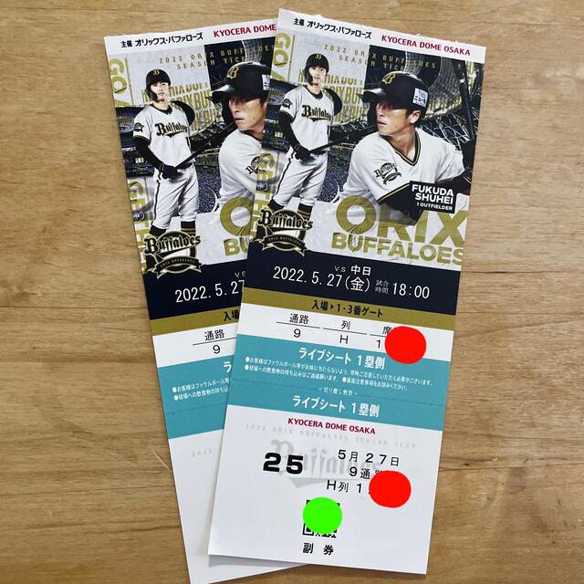 オリックス　VS  中日　交流戦　京セラドーム大阪　ライブシート一塁側　ペア