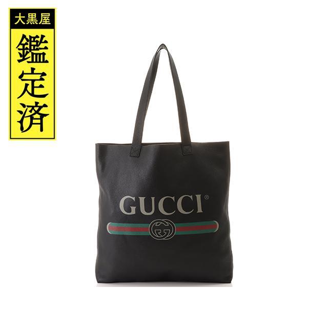 G - グッチ ヴィンテージ ロゴ プリント トートバッグ レザー ブラック