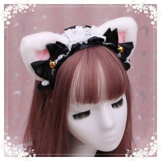 【新品】カチューシャ ねこメイド ロリータ ヘッドドレス 猫耳 可愛い 白＋黒(カチューシャ)