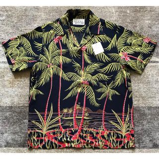 WACKO MARIA 2018SS Palms Tree S/S Hawaiian Shirt ワコマリア パームツリーショートスリーブハワイアンシャツ アロハ 半袖 オープンカラー ヤシの木 総柄 ネイビー サイズL【230921】【-A】【me04】