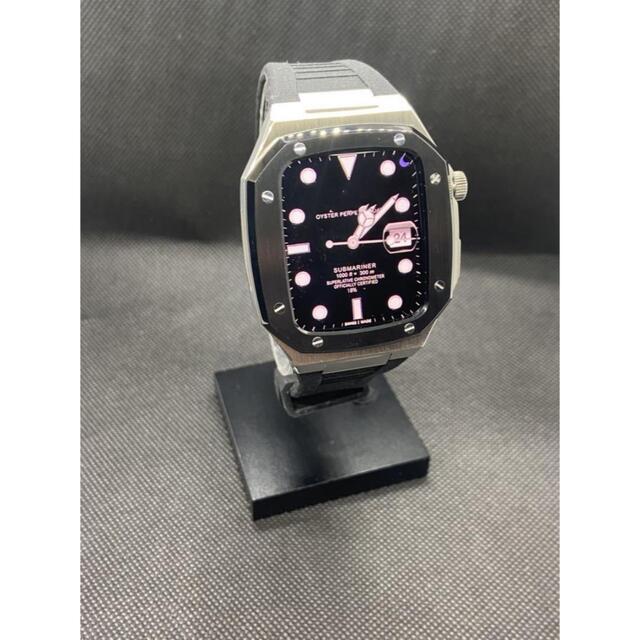 45mm  黒＆銀 apple watch メタル ラバーベルト カスタム 金属