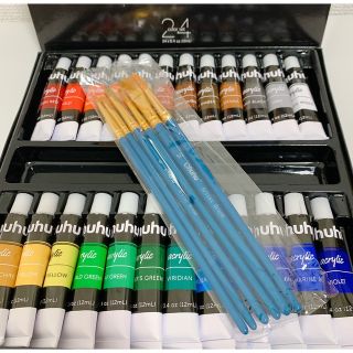 【即購入可】Ohuhu アクリル絵の具 24色 6本ブラシ付 12ml(絵の具/ポスターカラー)