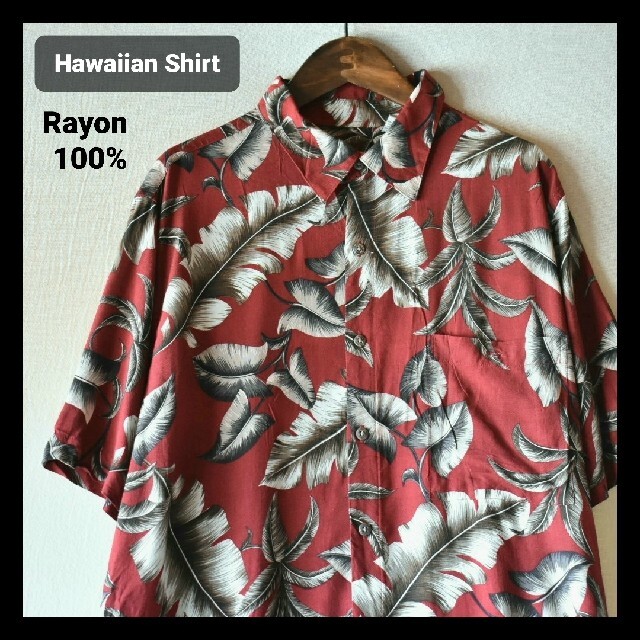 ★Batik Bay ボタニカルハワイアン 植物柄 赤レーヨン半袖シャツ