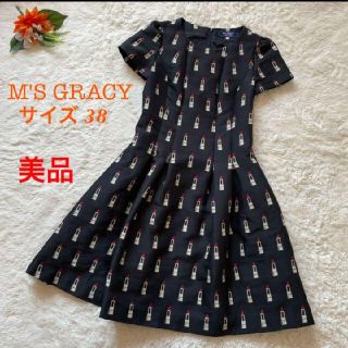 エムズグレイシー(M'S GRACY)の【美品】M'S GRACY　リップ柄半袖ワンピース(ひざ丈ワンピース)