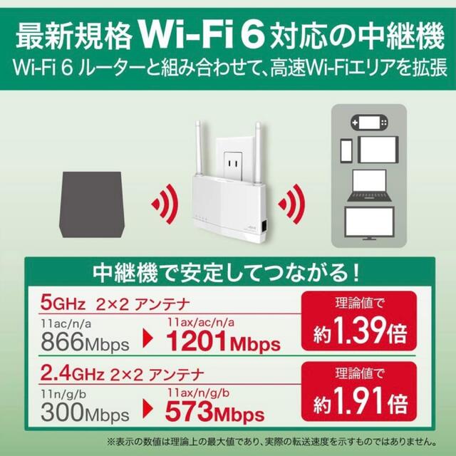 Buffalo(バッファロー)のバッファローwifi無線LAN中継機WEX-1800AX4EA/N スマホ/家電/カメラのPC/タブレット(PC周辺機器)の商品写真