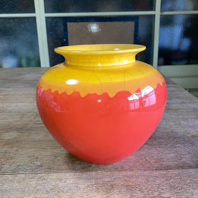 ヴィンテージ陶器フラワーベースオレンジクラックルイエロー ヴィンテージ陶器フラワーベースオレンジクラックルイエロー