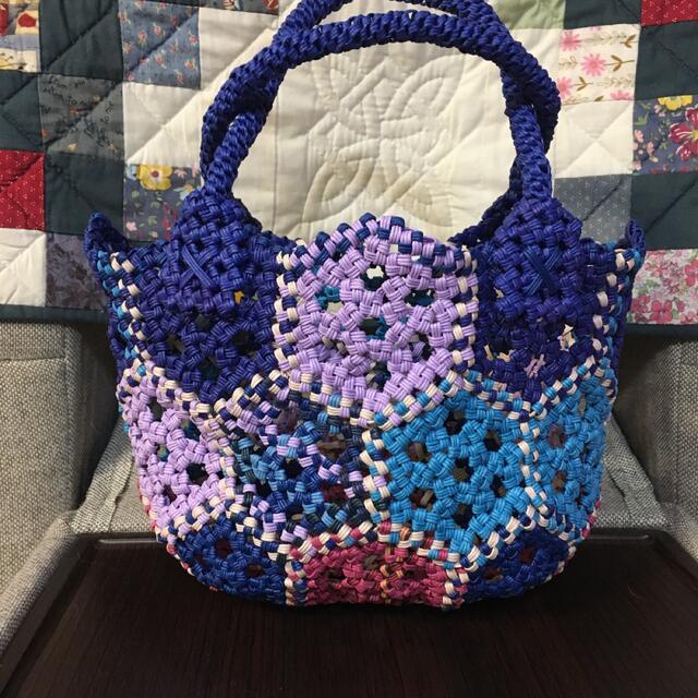ハンドメイド エコクラフト パツチワーク 風かごバッグの通販 by